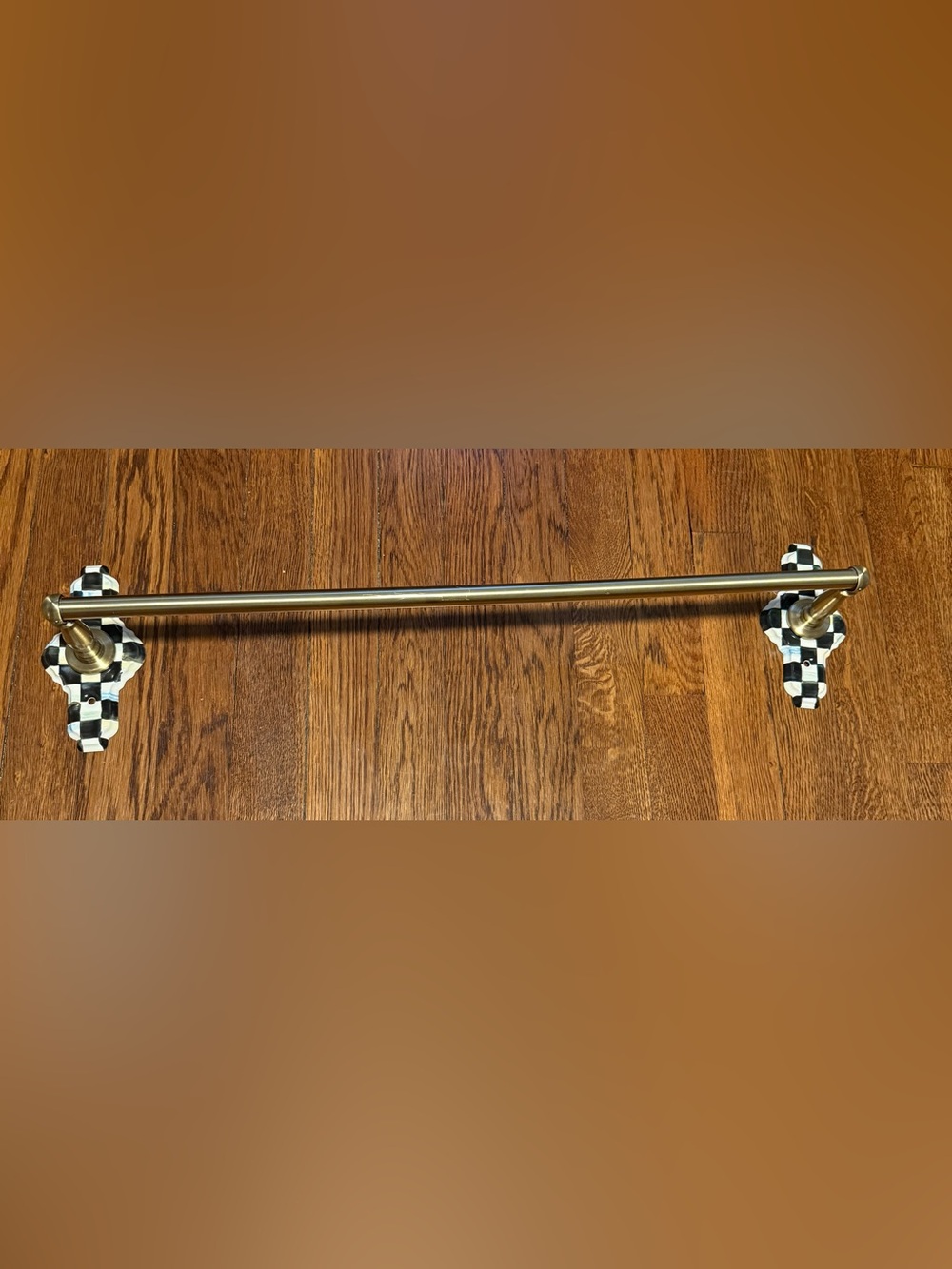 Mackenzie Childs Courtly Check Enamel Brass Color Long Towel Bar Rack 27”